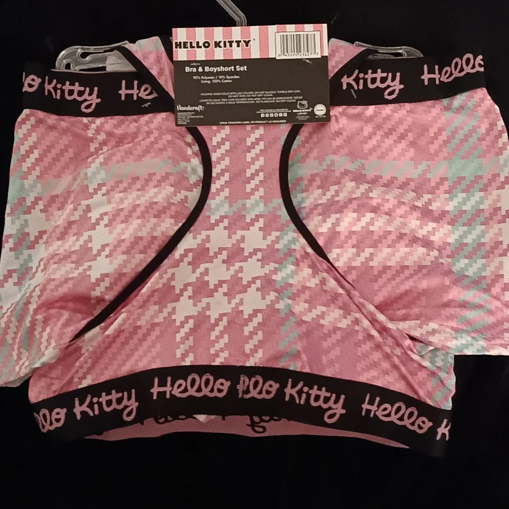 New With Tag Hello Kitty Pink & Green Plaid Bra & Boyshort 2pc Set Women Size XL - Picture 3 of 3